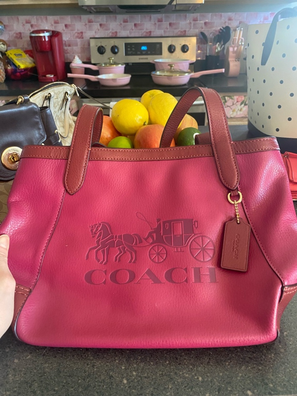 Coach Pink and Brown Leather Tote with Embossed Carriage